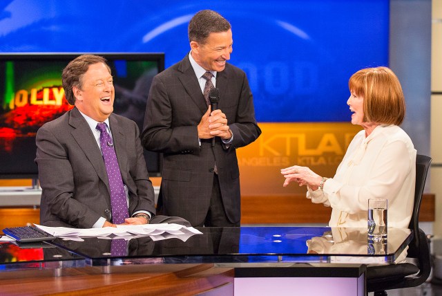 Television Academy Chairman and CEO Bruce Rosenblum, surprises Stephanie Edwards by announcing she is this year's recipient of the esteemed Los Angeles Area Governors Award during the KTLA News at 9am on Thursday, June 9, 2016 in Los Angeles. Edwards will be honored at the 68th Los Angeles Area Emmy Awards on Saturday, July 23, 2016. (Photo by Colin Young-Wolff/Invision for the Television Academy/AP Images)