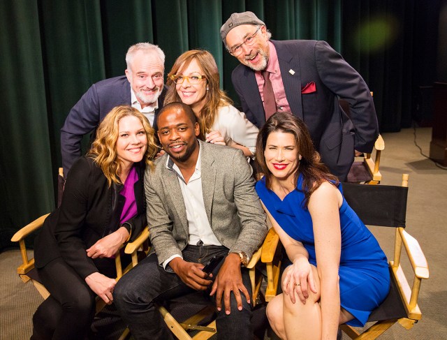 Brad Whitford, Allison Janney, Richard Schiff, Mary McCormick and Dule Hill join Justice For Vets Senior Director Melissa Fitzgerald to launch the Justice For Vets West Wing PSA supporting Veterans Treatment Courts at Warner Bros. Studios on Tuesday, March 8, 2016 in Burbank, CA. (Colin Young-Wolff/AP Images for Justice for Vets)